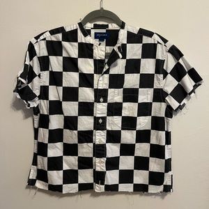 UO mandarin collar checkered button up shirt